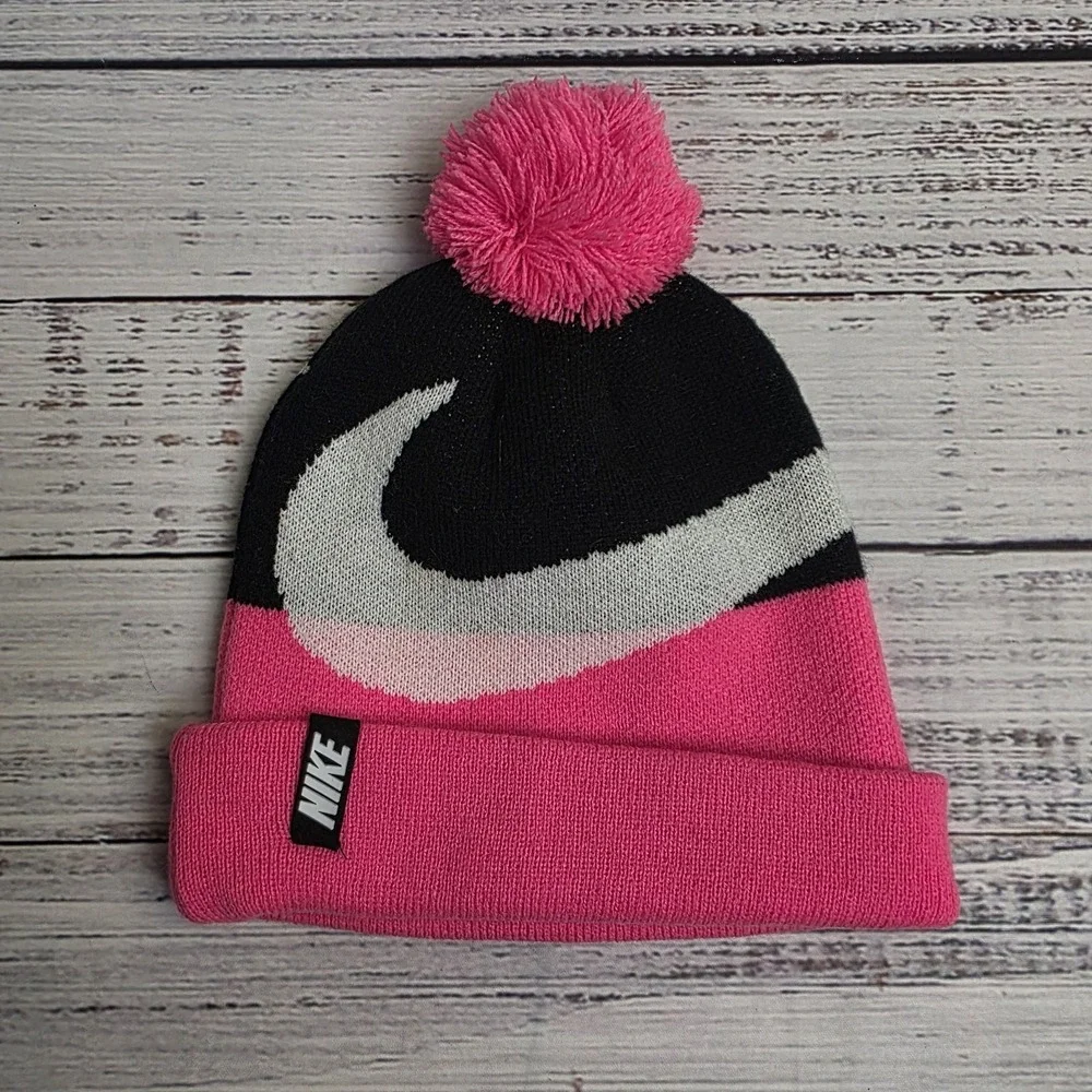 Nike Big Swoosh Knit Beanie Winter Pom Hat Pink White Black Youth‎ Acrylic